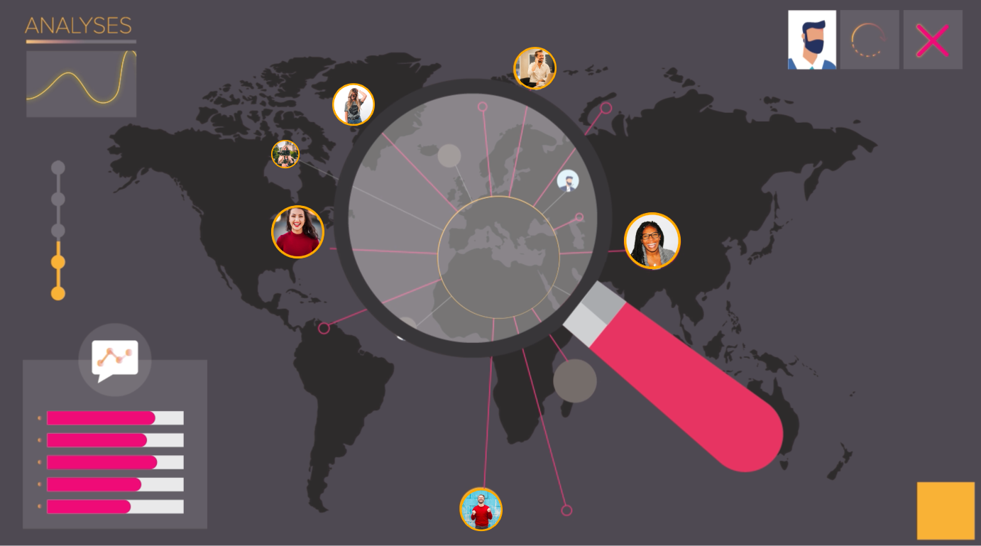 World map with a magnifying glass finding influencer profiles